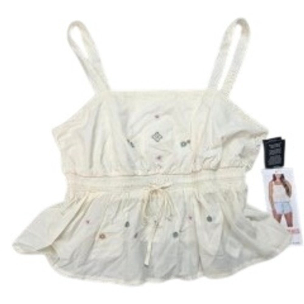Celebrity Pink Embroidered Peplum Tank Top Cream White Square Neck Drawstring XL